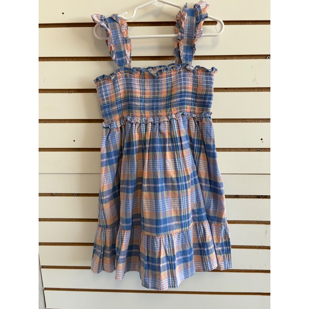 Janie and Jack Girls Blue Orange Plaid‎ Smocked Ruffle Strap Tiered Dress Size 6